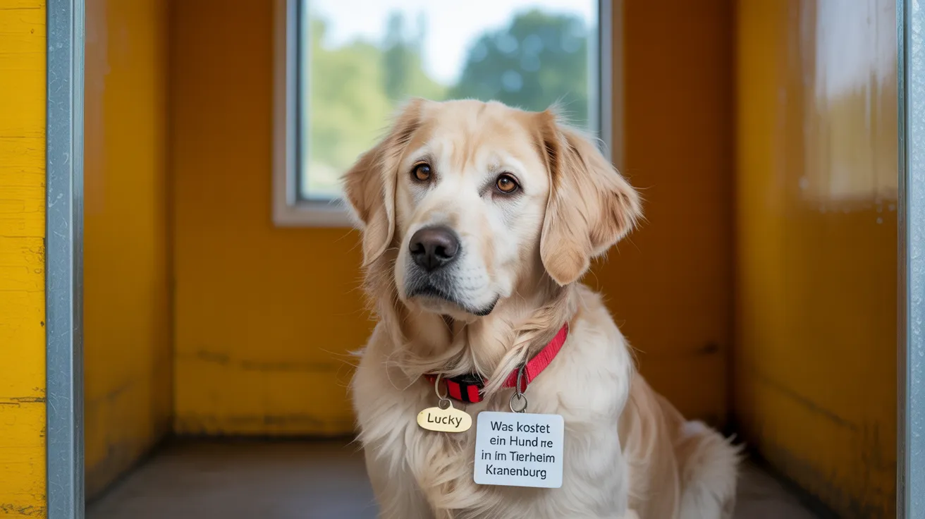 Golden Retriever Lucky in einem gelben Zwinger im Tierheim Kranenburg mit einem Schild, auf dem nach den Adoptionskosten gefragt wird